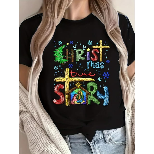 Women'S Fashion T-shirt, Women'S Casual Round Neck T-shirt, "Christmas Tree HRIST Snowflake" Print, Fashionable And Casual Spring And Summer Sports Short-sleeved Tops