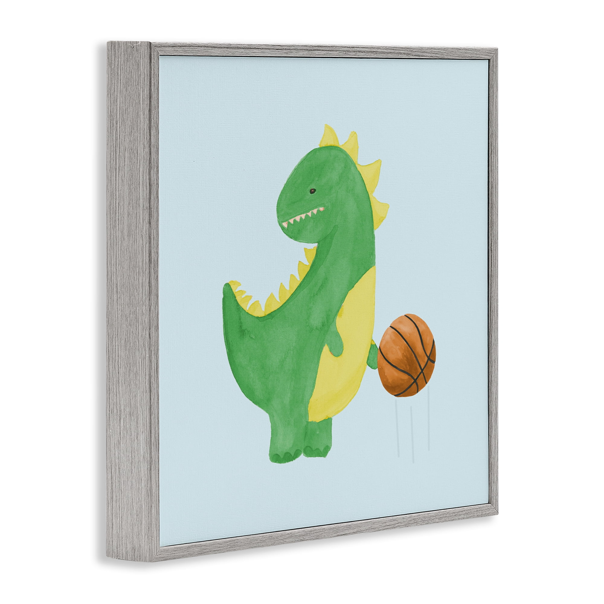 Stupell Industries Baby Dino & Basketball Gray Framed Giclee Art, design by Lucille Price