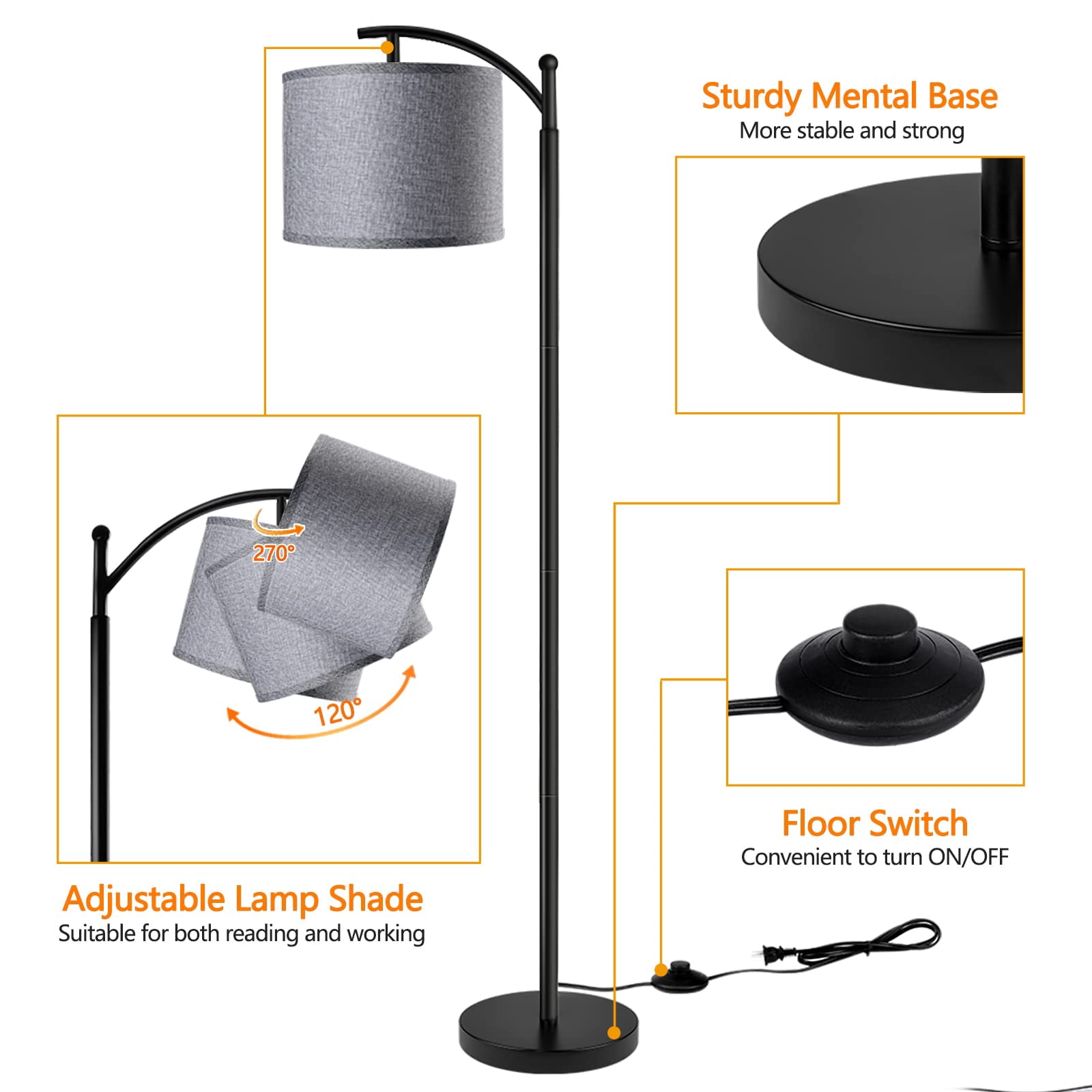 Floor Lamp With 3cct Led Bulb  Gray Linen Shade For Living Room Modern Standing Bedrooms - Black