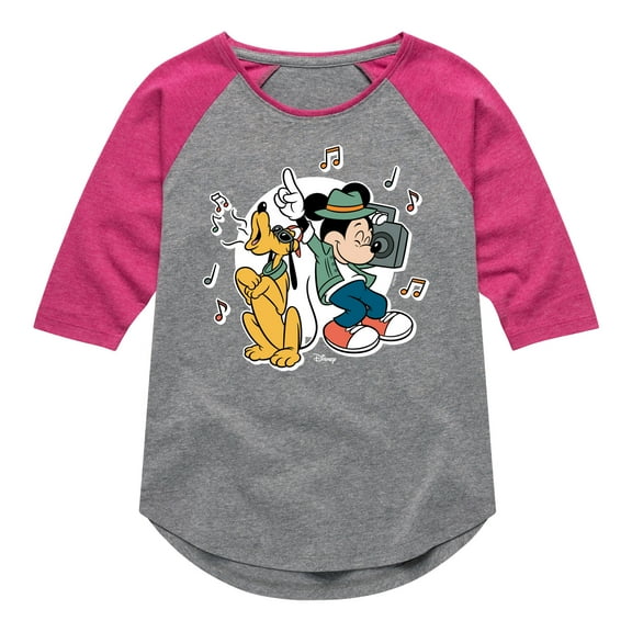 Disney - Mickey & Friends - Pluto & Mickey Listening to Music - Toddler And Youth Girls Raglan Graphic T-Shirt