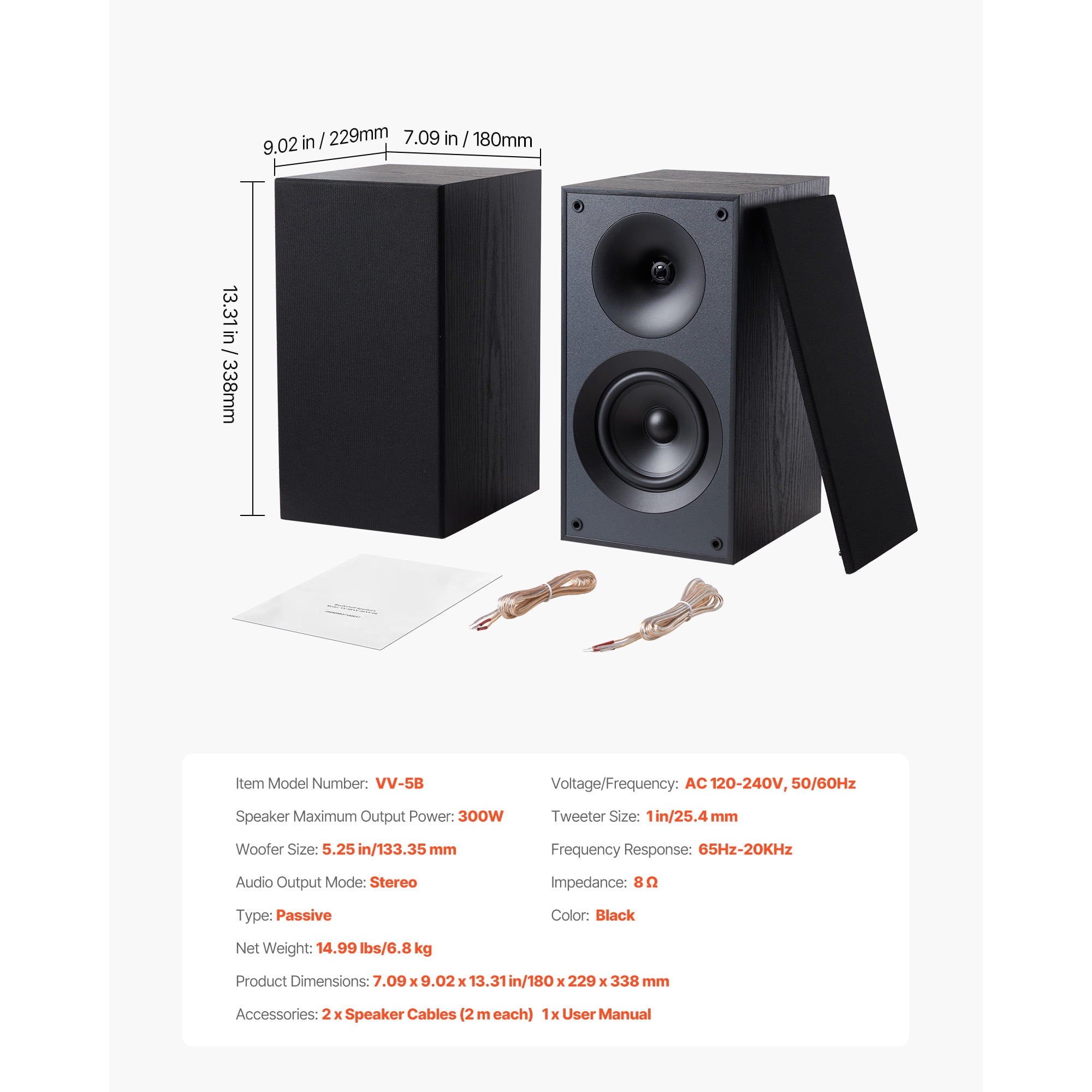 KFFKFF Passive Bookshelf Stereo Speakers with 5.25-Inch Woofer and 1-Inch Tweeter, 65Hz-20KHz Frequency Range, 300W, Black
