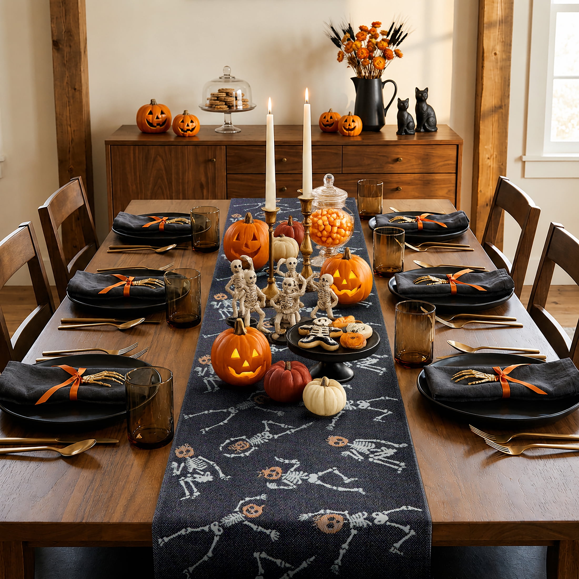 Halloween Pumpkin Skeletons 13" x 72" Table Runner - 65% Cotton, 35% Polyester, Black
