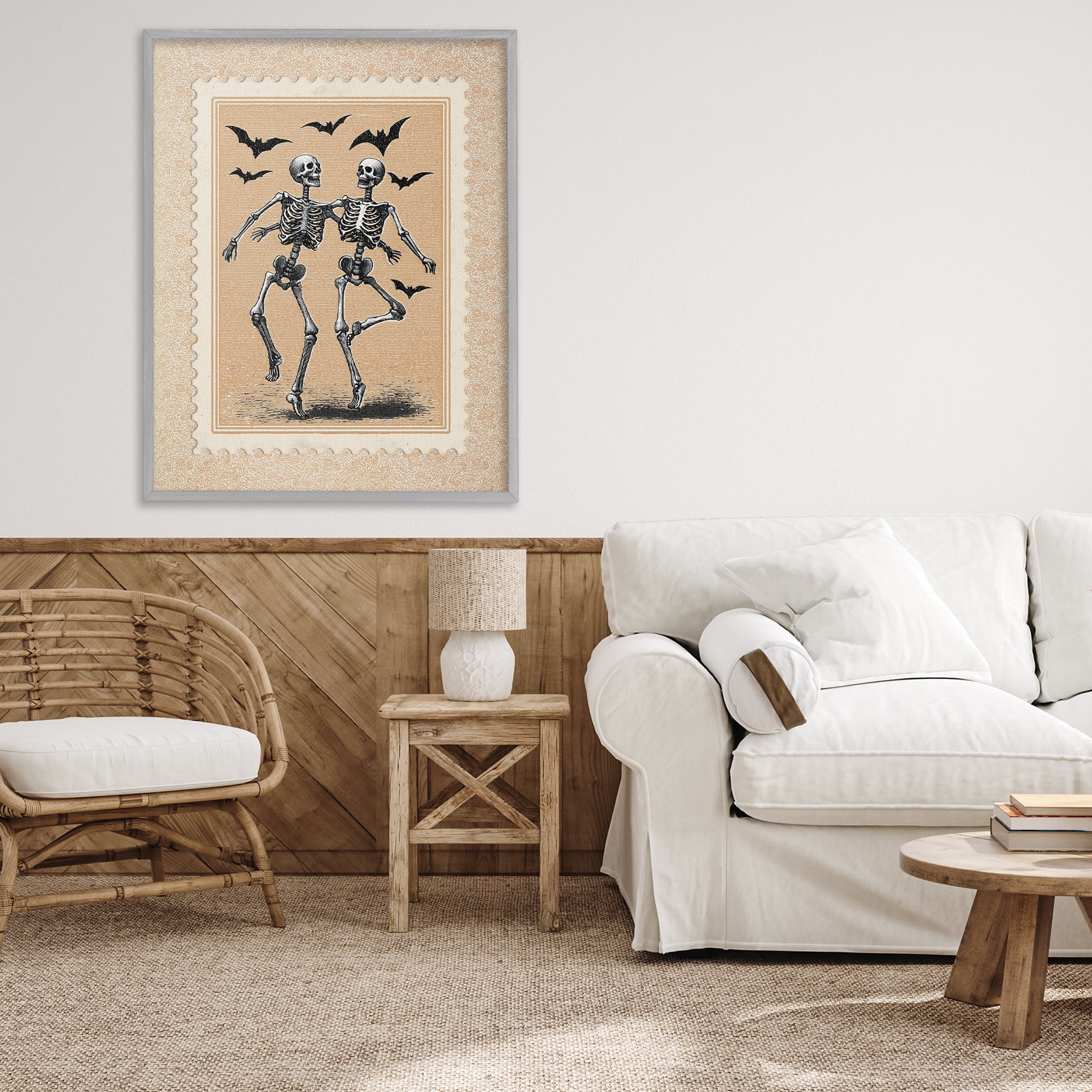 Vintage Dancing Skeletons Stamp Gray Framed Giclee Art, design by Arlington Prints