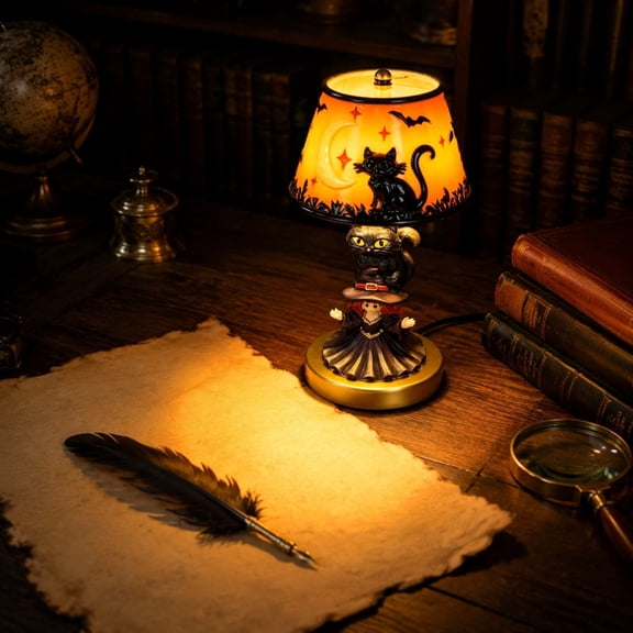 Tryvkinvive Witch & Black Cat Table Lamp,Vintage Halloween Desk Lamp,Decorative Night Light for Home Decor Supplies Mantel,Bookshelf,Indoor Halloween Party Decor