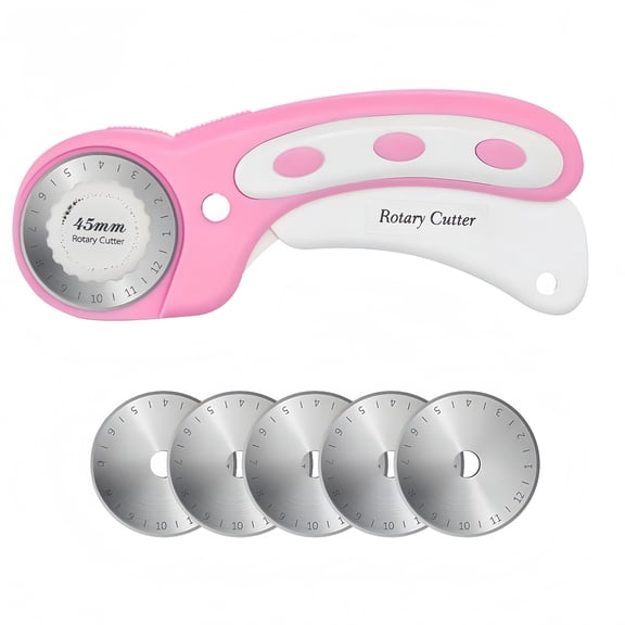 Safety Lock Rotary Cutter in Pink with Five Extra Blades, 45mm Ergonomic Design for Easy Cutting of Fabric, Leather, and Craft Materials