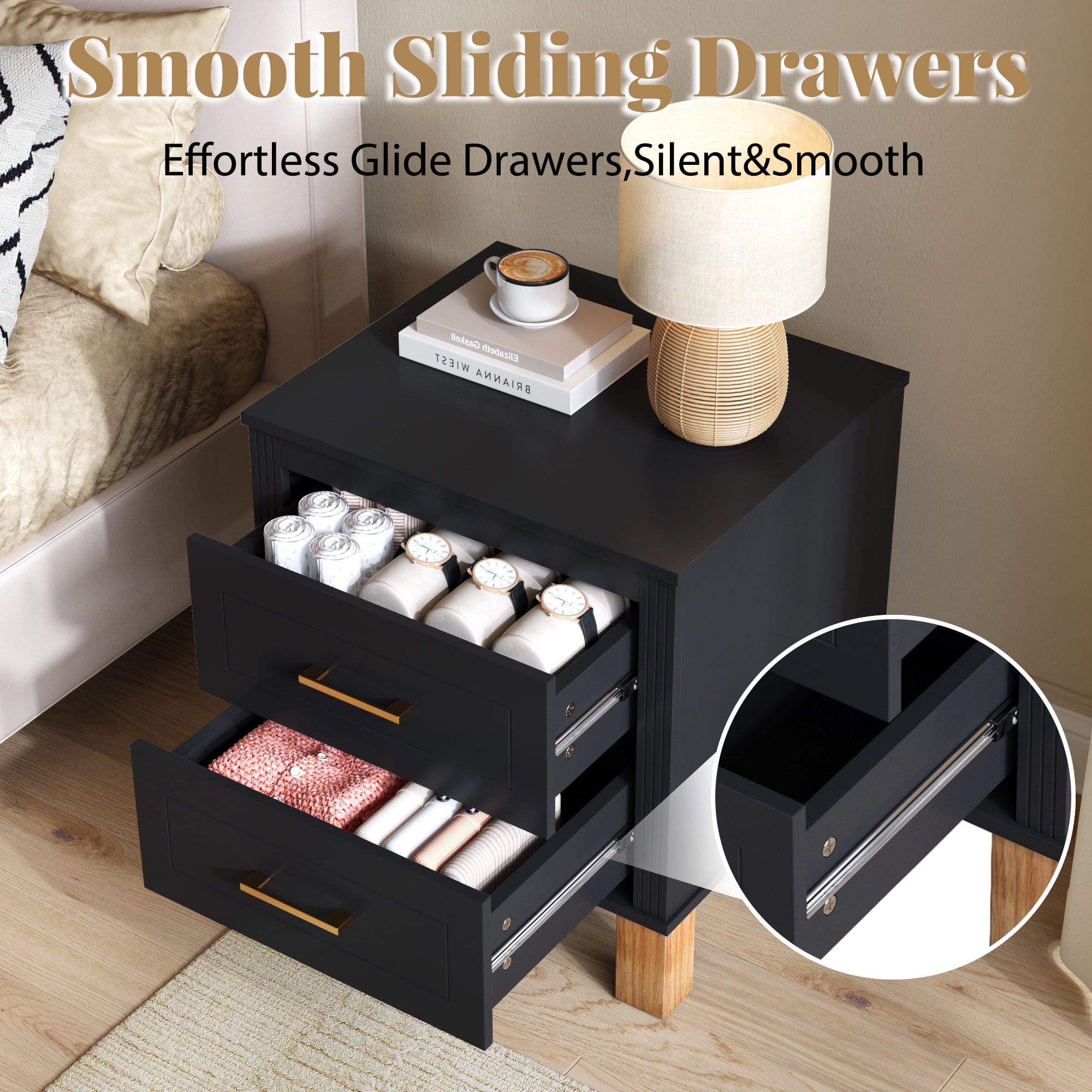 2 Drawer Nightstand, Fluted Design Bedside Table with Solid Wood Legs & Metal Handles, MDF Frame Storage Cabinet, Tall End Table for Bedroom Living Room