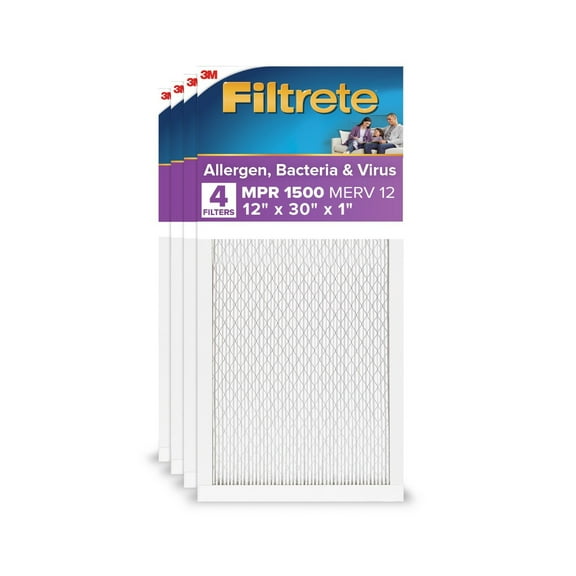 Filtrete 12x30x1 HVAC Furnace Air Filter, MPR 1500 MERV 12, Allergen, Bacteria, Virus, 4 Pack
