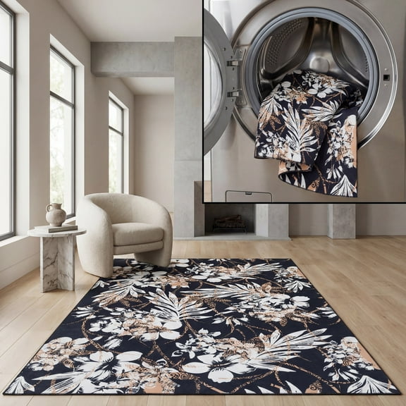 SAFAVIEH Malibu Keiran Leaves Polyester Area Rug, Black/Brown, 9' x 12'