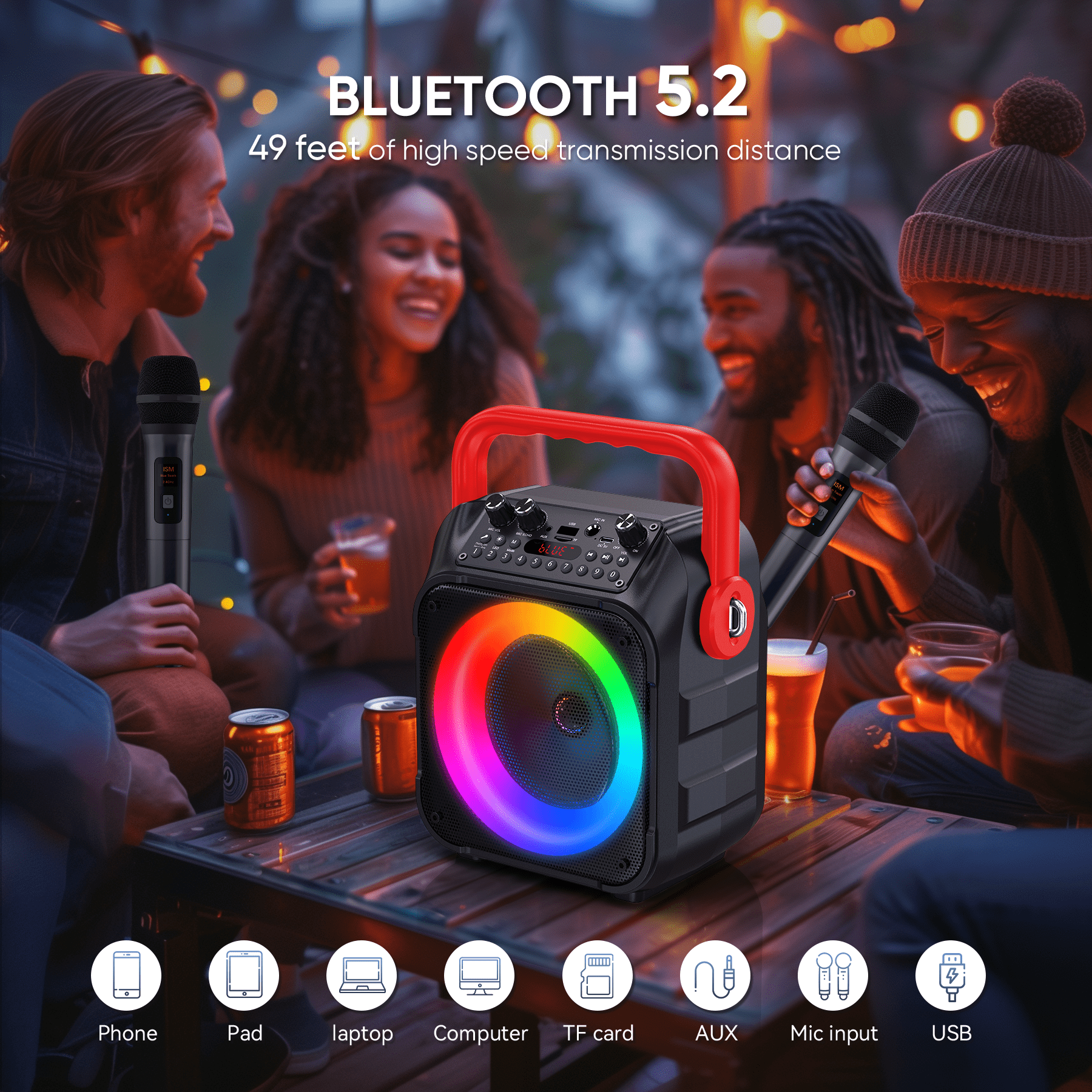 Bonaok Karaoke Machine for Adults with 2 Wireless Microphones, Portable Karaoke Machine, Karaoke Microphone with PA System for Home Party, Red