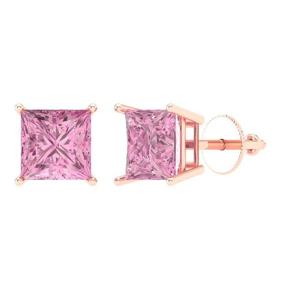 Clara Pucci 3Ct Pink Princess Cut VVS1 Screw Back Stud 18k Solid hypoallergenic Gold Designer Earrings For April