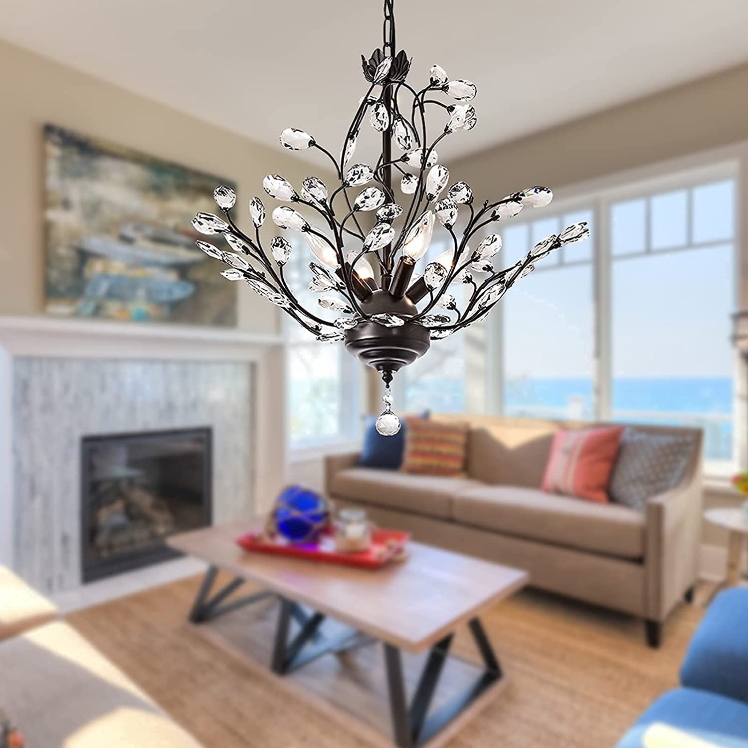 Maxax 4 - Light Vintage Small Crystal Chandelier Modern Semi Flush Mount Ceiling Light Fixture Chandelier Lighting for Kitchen Bedroom Living Room Dining Room Hallway Foyer