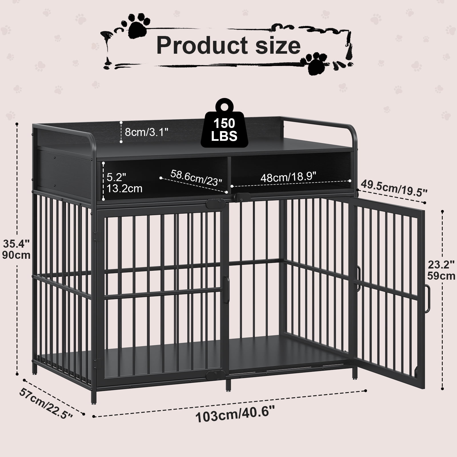 Large Furniture Dog Crate, Dog Kennel Indoor, Wood Dog Cage Table with Drawers Storage