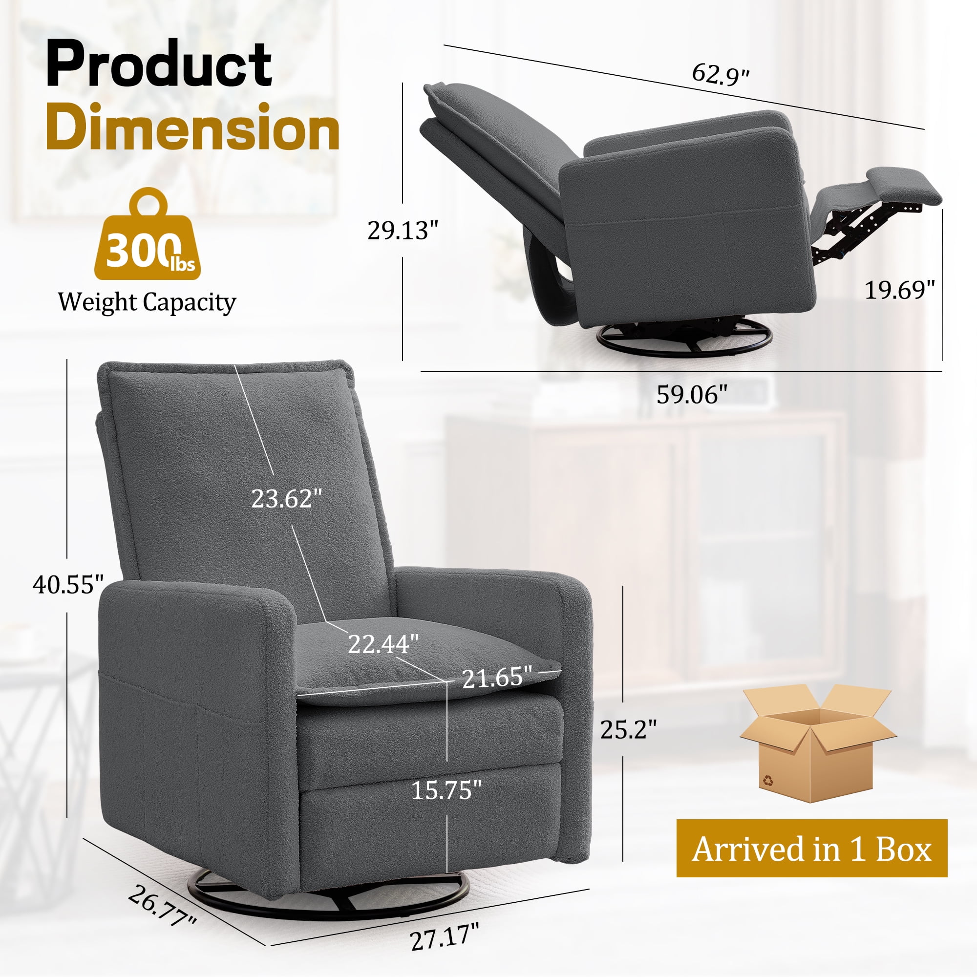 Korser Manual Swivel Rocker Recliner Chair with Side Pockets Nursery Glider Recliner for Living Room, Nursery, Grey