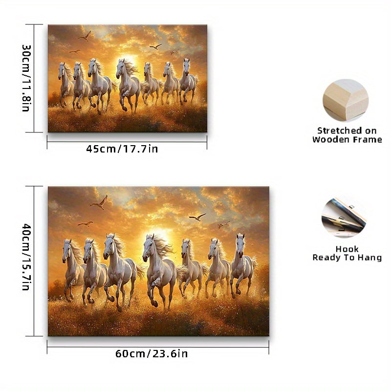 2D Flat, -1pc of Running Seven Lucky White Horses Canvas Wall Art - Wall Painting for Bathroom, Bedroom, Office, Living Room Decoration, Home Decor, Framed