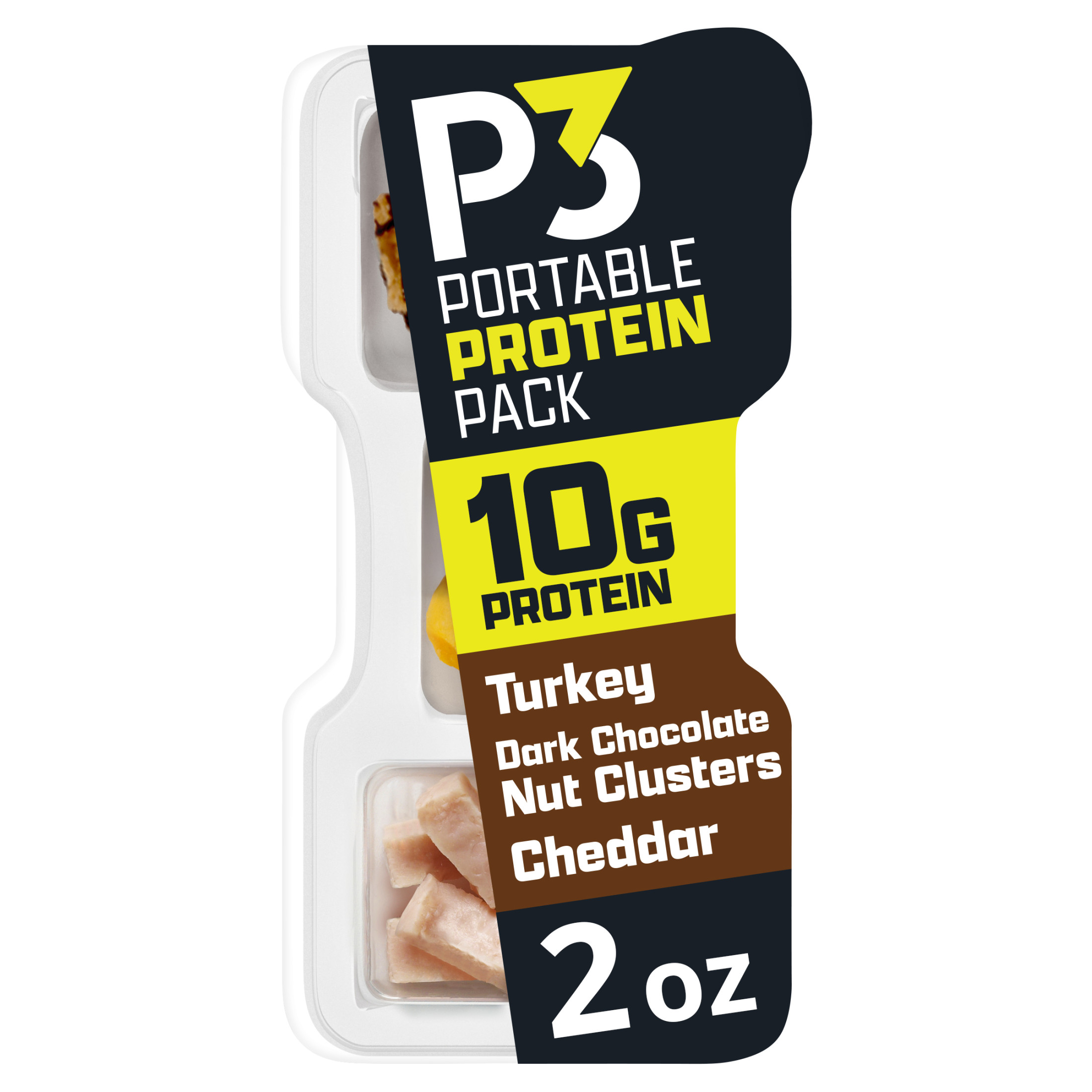 P3 Portable Protein Snack Pack with Dark Chocolate Almond Nut Clusters, Turkey & Cheddar Cheese, 2 oz Tray