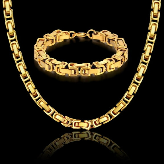 Hip Hop Byzantine Box Chain Set Solid 14K Yellow Gold Jewelry Sets For Men/Women Hot Sale RU Necklace & Bracelet