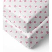 Bacati - Stars Ikat Crib/Toddler Bed Fitted Sheets 100% Cotton Muslin 2 Pack, Pink