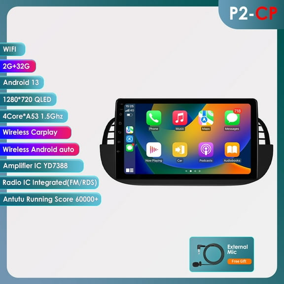 Ossuret 9" Touch Screen Android 13 Bluetooth Apple CarPlay 2 32GB Wifi RDS Car Stereo Radio Head Unit Multimedia GPS Navigation Player For Fiat 500 2007 2008 2009 2010 2011 2012 2013 2014 2015