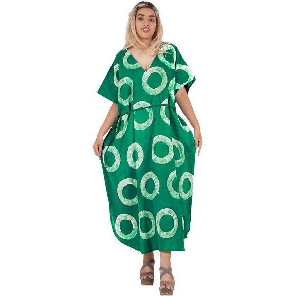 LEELA Women's Summer Maxi Nightdress Cover Up Gown Caftan Loungewear Dashiki House Dresses for Women 3X-4X Green, Polka Dots