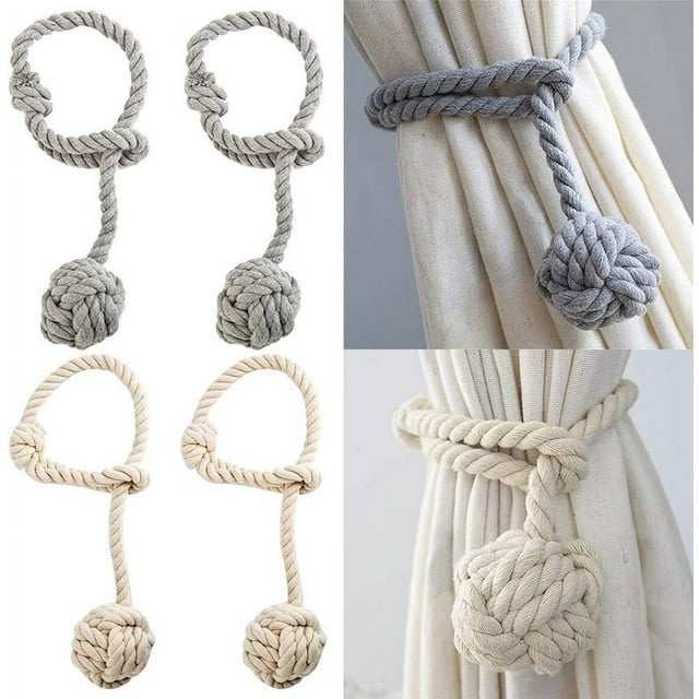 Alzapaños para Cortinas, 2 Pares de Clips para Tejer a Mano para Tejer Cortinas de Cuerda de algodón, Estilo Natural y Simple, para decoración de habitación o Dormitorio, Blanco y Gris