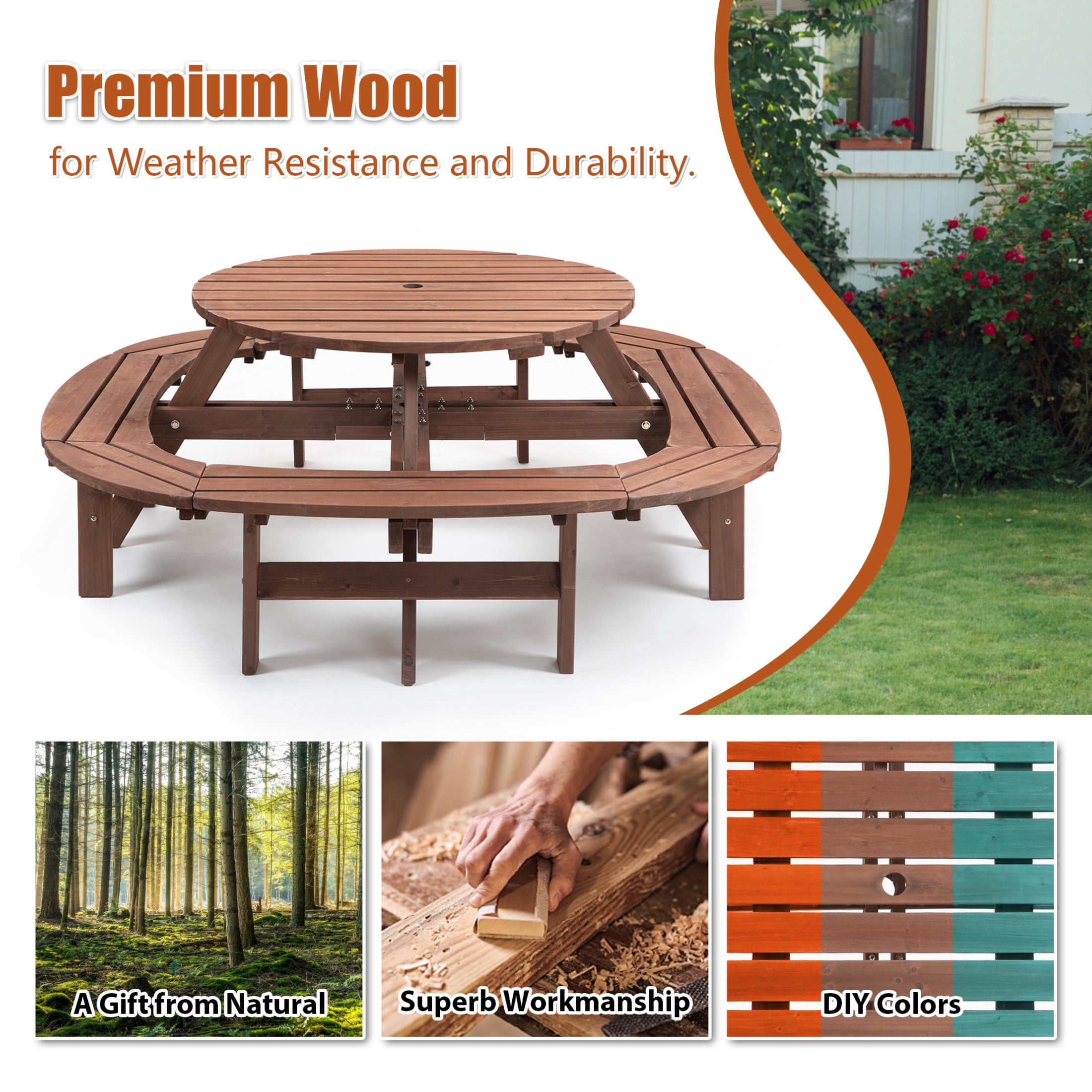 Noble House Lavinia Round Outdoor Fir Wood Picnic Table with Connected Ring Stool, for Patio, Backyard, Garden, Brown