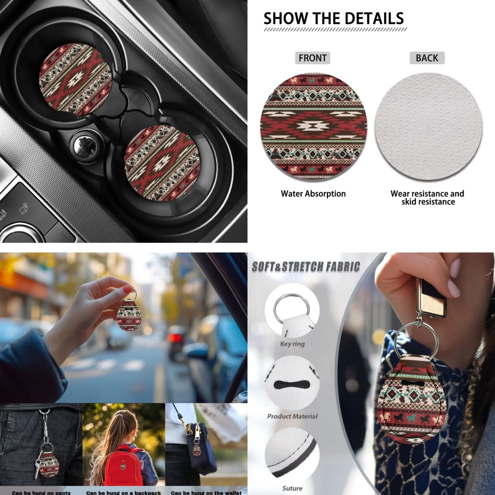 Garronmavis Aztec Car Front and Rear Seat Covers a Full Set of 13 Car Decorations Includes Keychain Lipstick Cover Steering Wheel Cover Seat Belt Cover Armrest Pad