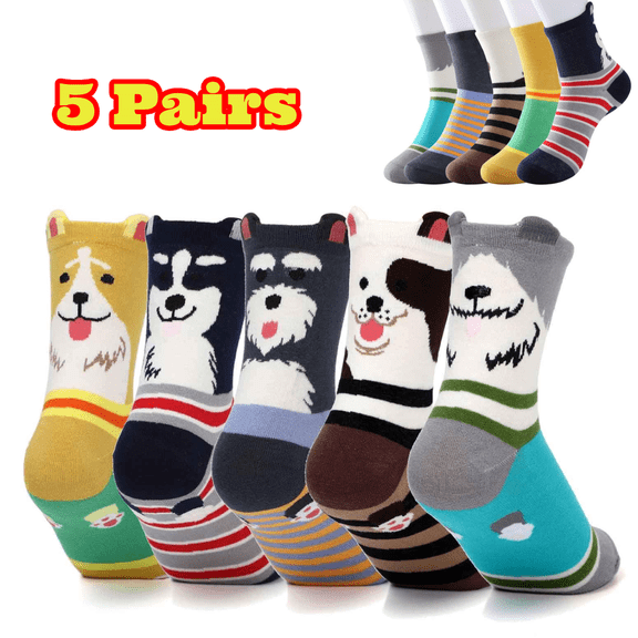 5 Pairs Cute Animal Socks for Women Girls, Dog Cat Socks, Novelty Funny Crew Sock, Animal Gifts for Dog and Cat Lovers