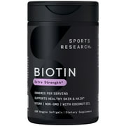 Sports Research® Vegan Biotin 5000mcg with Organic Coconut Oil - Extra Strength Hair Vitamin B7 (120 Veggie Softgels)