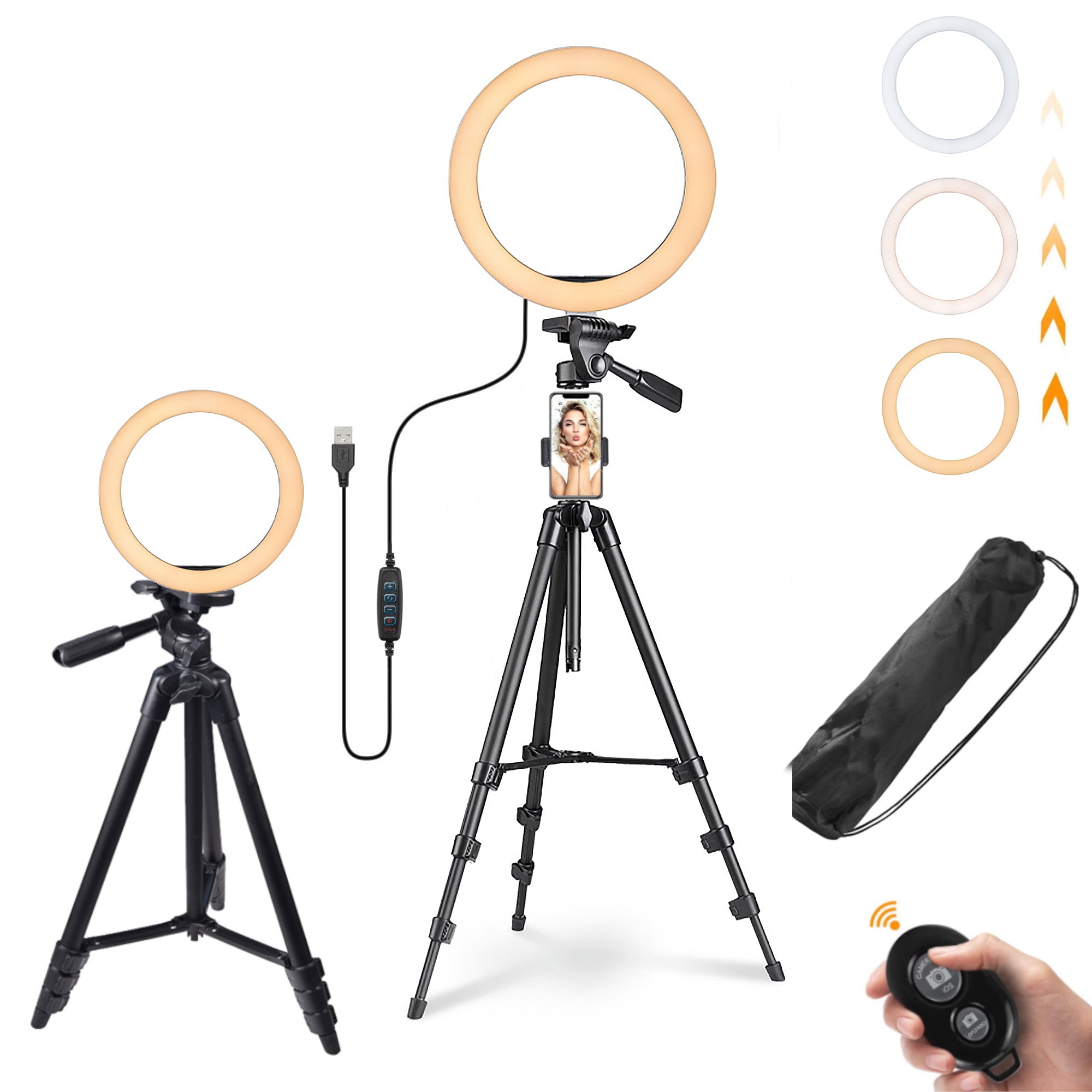 Color : Black Style 1 JIAX LED Ring Light with Tripod Stand and Phone Holder for Selfie，with 3 Light Modes，Portable Travel Triangle Floor Selfie Stick，Adjustable Color Temperature Warm