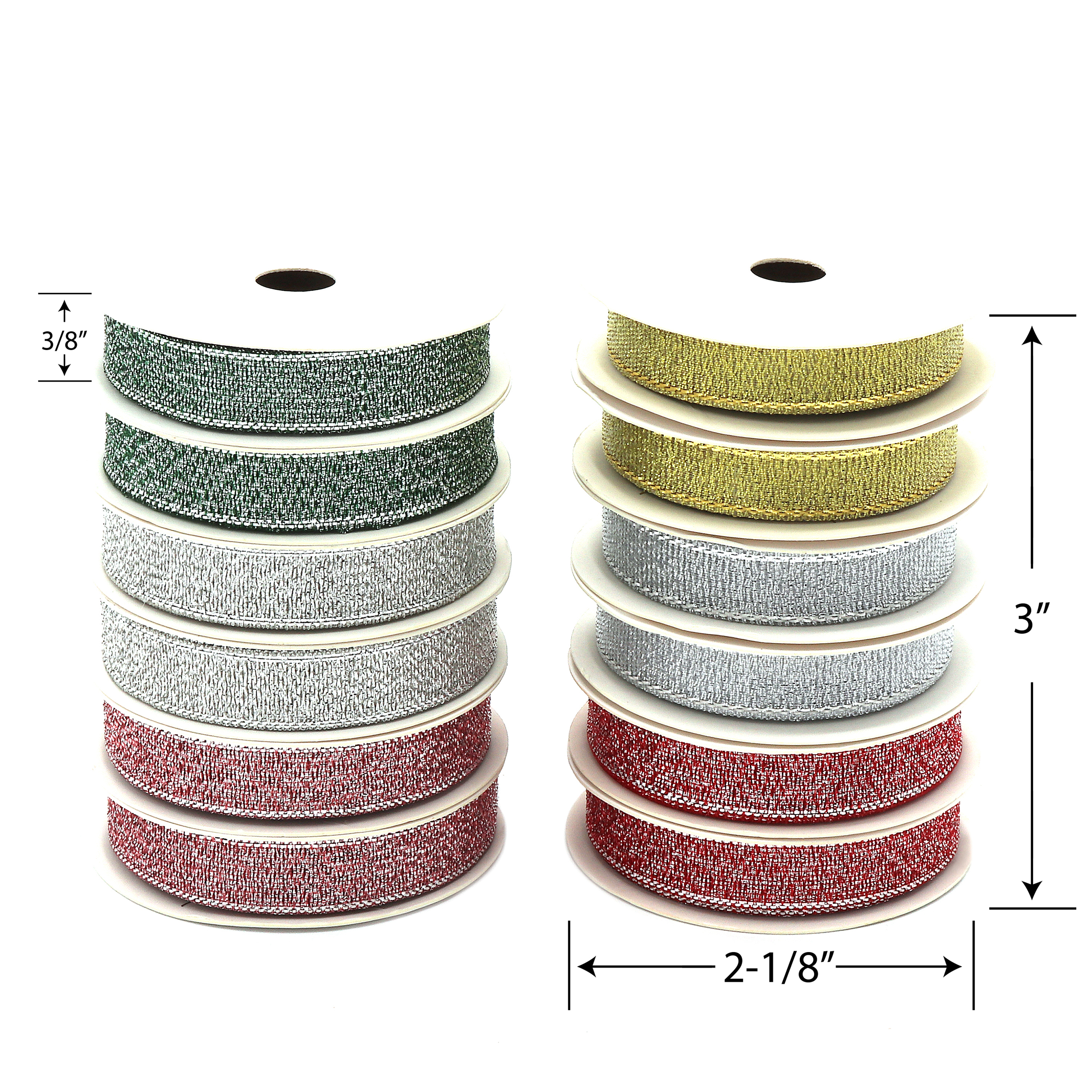 Metallic Holiday Christmas Ribbon for Gift Wrap and Crafts, 6 Colors, 3/8" x 36 Yards