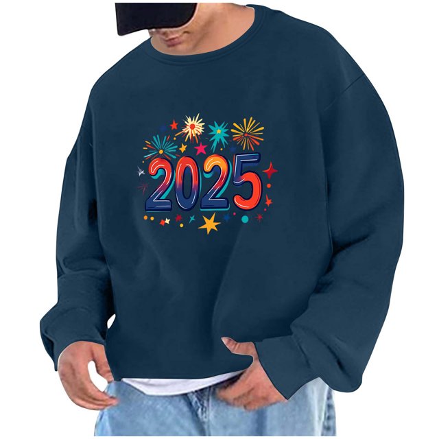 Sudadera sin capucha para hombre, sudadera con estampado del año 2025, jersey de cuello redondo, manga larga, para ejercicio, sin sombrero, abrigo, sudadera con capucha, blusa de poliéster para hombre