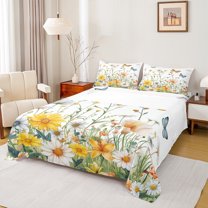 Castle Fairy Teens Children Daisy Flower 3Pcs Twin Sheet Sets,Spring Graden Twin Fitted Sheet,Flying Butterflies Breathable Flat Sheet,Luxury Bedroom Decor