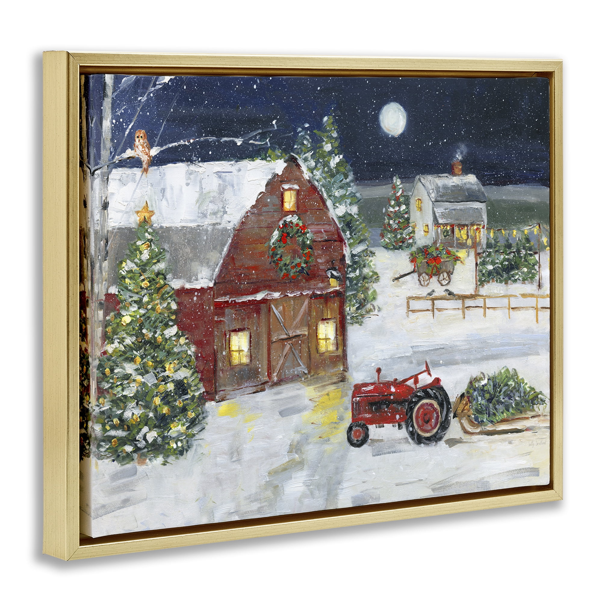 Stupell Industries Snowy Farm & Tractor Holiday Painting Gold Floater Framed Canvas Art Prints Wall Art, 21 x 17