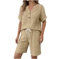 thumbnail image 2 of Xdegoge Women's Cotton Linen 2 Piece Outfits Summer Casual V Neck Button Down Short Sleeve Shirts and Drawstring Shorts Lounge Set Tracksuit with Pockets, 2 of 5