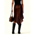 thumbnail image 6 of Dark Brown Satin Lace Midi Skirt Asymmetrical Hem Loose Fit Elegant Solid Color For Party Work Daily Wear, 6 of 8