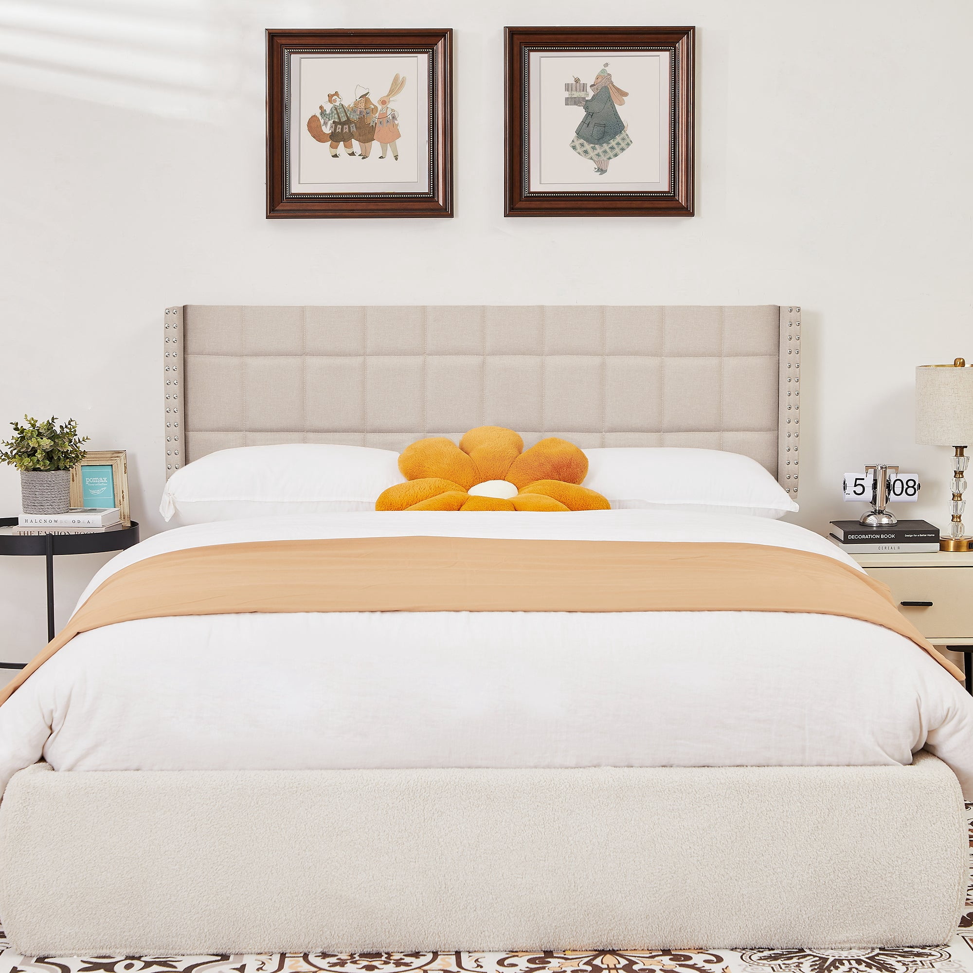 VECELO Queen Size Adjustable Height Upholstered Headboard, Modern Wingback Headboard with Double Nailhead Trimming and Button Tufting for Bedroom, Beige