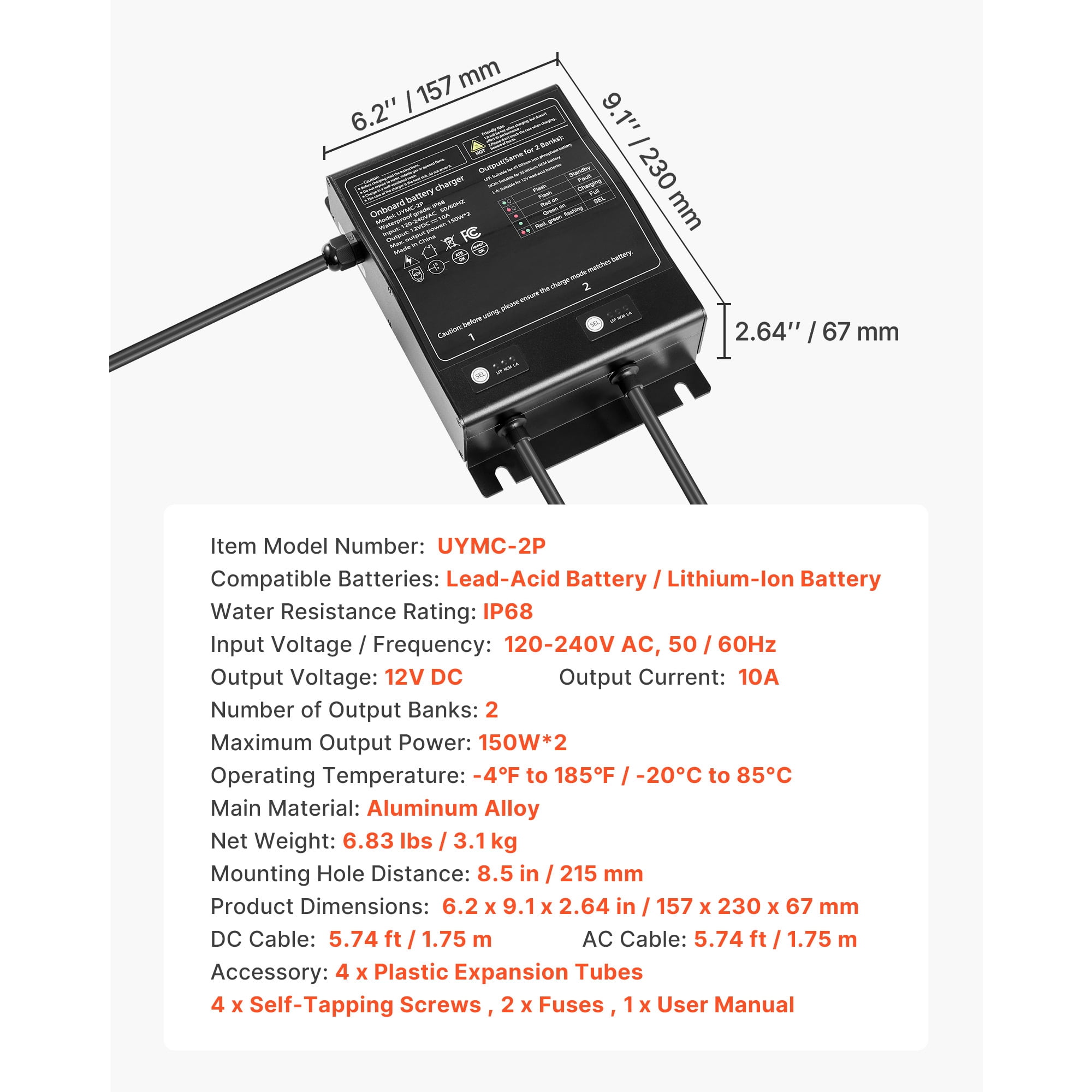 KFFKFF Marine Battery Charger, 2-Bank, 10A 12V Onboard Charger, IP68 Waterproof Smart Battery Charger, Compatible with Lithium-Ion (LiFePO4), NCM, Lead-Acid Batteries, Suitable for Boats, Yachts