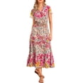 thumbnail image 2 of Women's Boho Dresses V Neck Cap Sleeve Smocked A-Line Floral Tiered Flowy Maxi Dresses XS Pink, 2 of 6