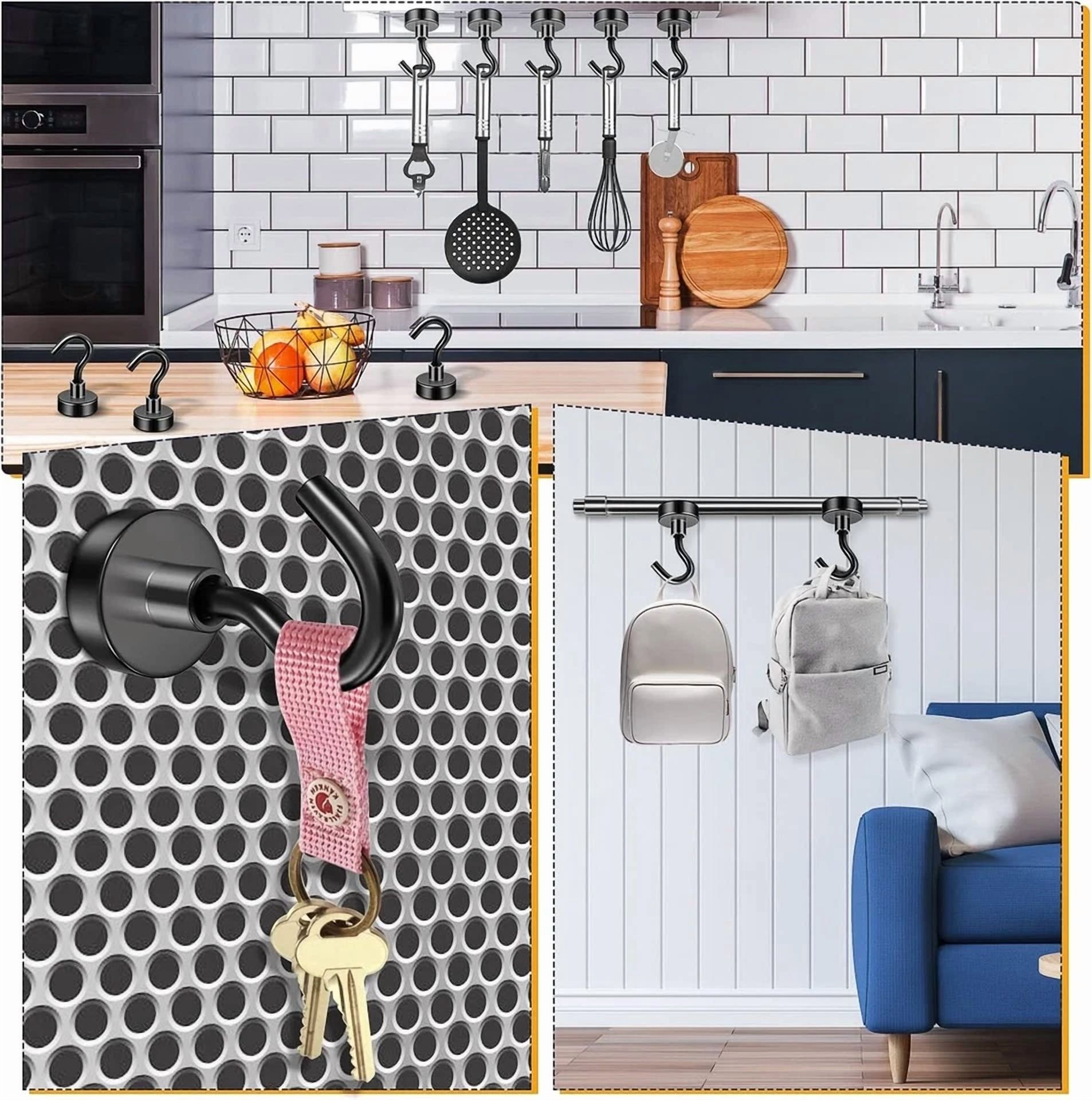 CRESTIN- 6 Pack Magnetic Hooks 25 Lbs Strong Neodymium For Hanging And Grill Fridge Black