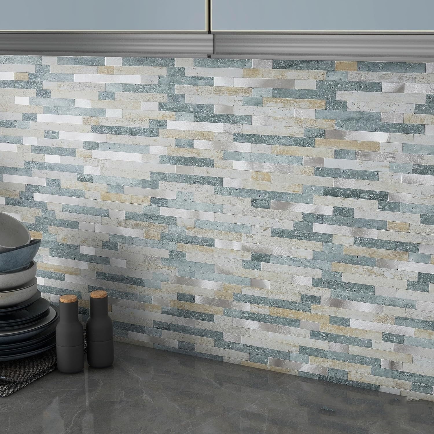 3D Stone Brick Backsplash Tile for Kitchen Peel and Stick Self-Adhesive Wall Tile,Marble Linear Mosaic Tiles Stickers Bathroom Wall Panels Fireplace Vanity (Blue Green Gray,10sheets)