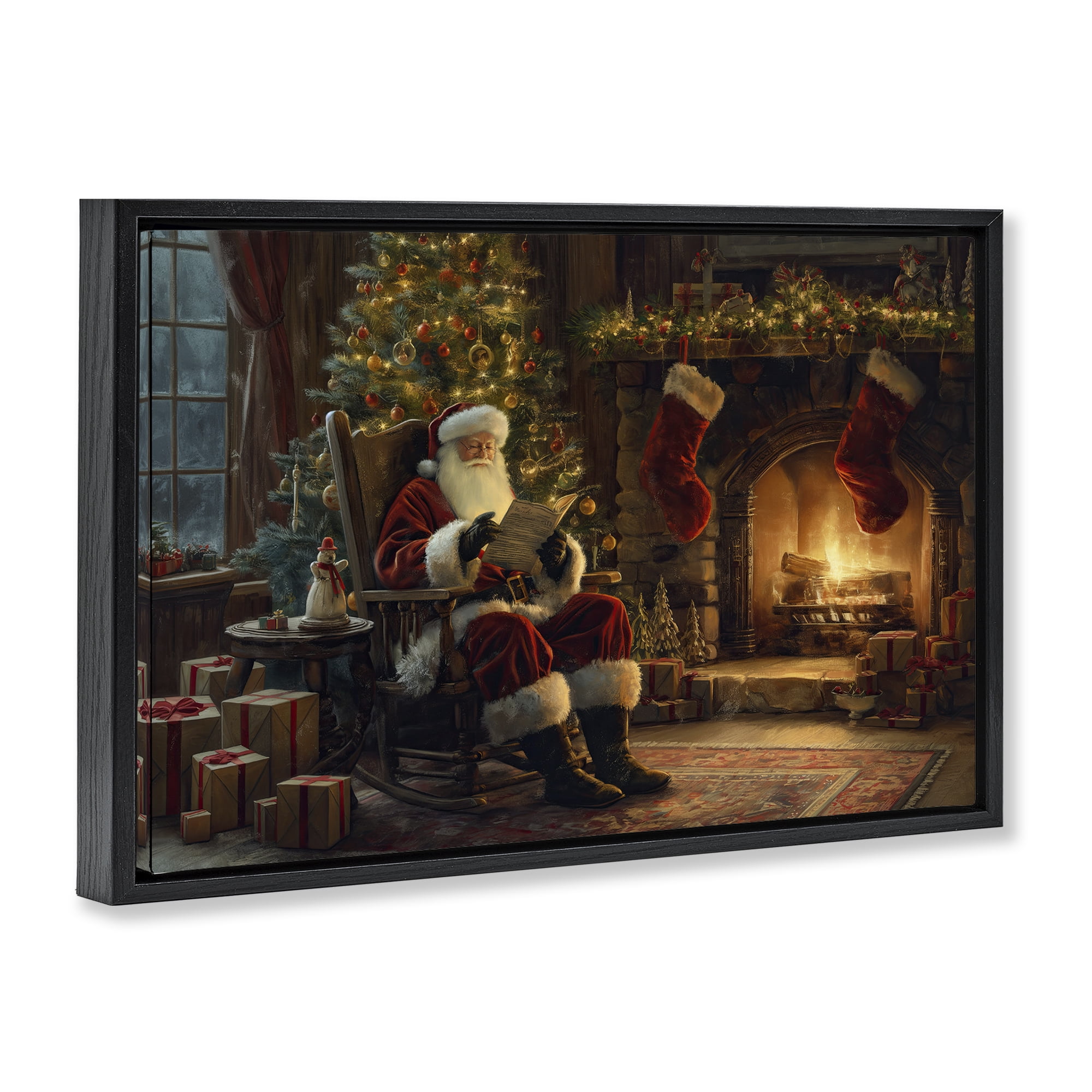 Stupell Industries Santa Claus by Fire Holiday Painting Black Floater Framed Canvas Art Prints Wall Art, 31 x 21