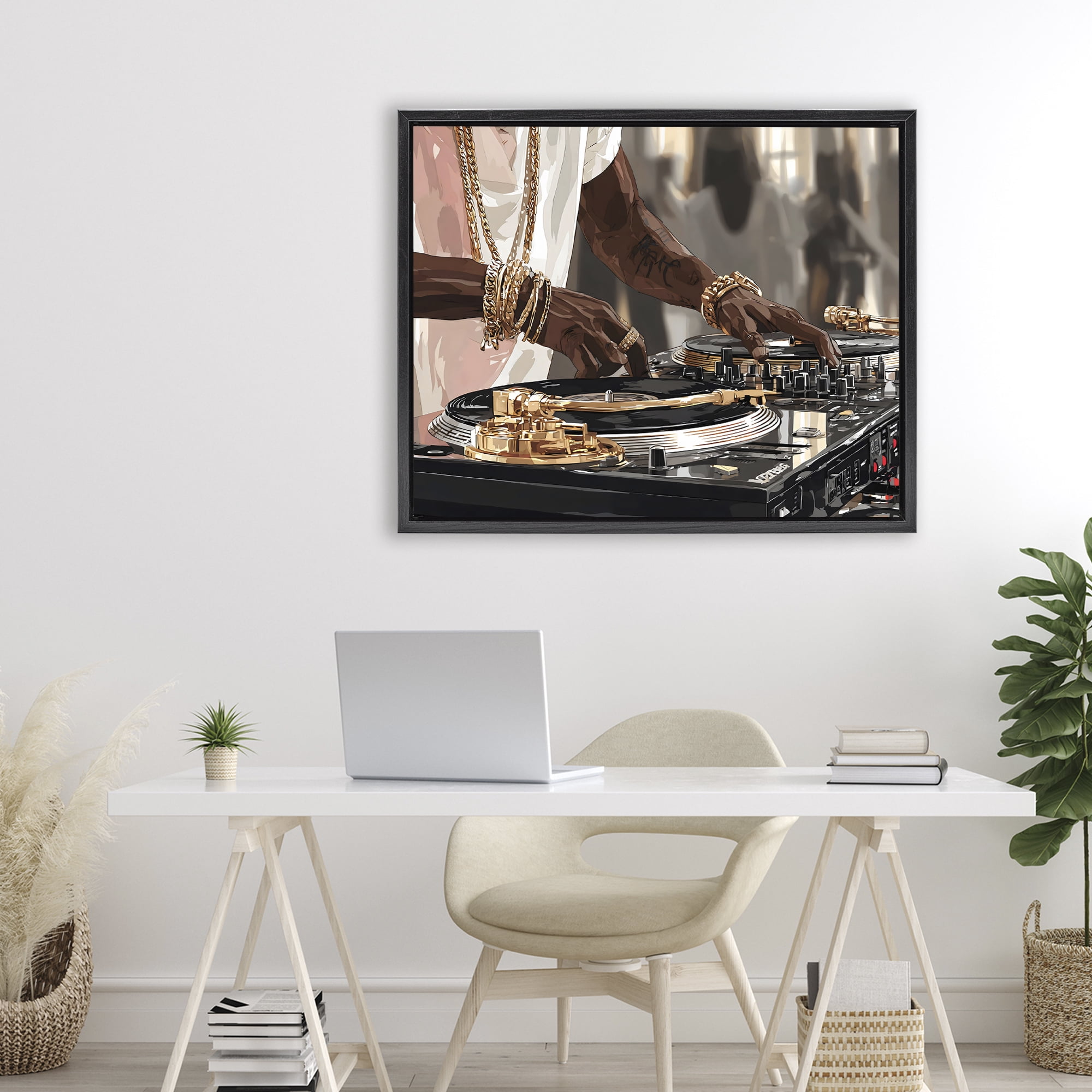 Stupell Industries Golden Sound DJ Turntables Black Framed Floater Canvas Wall Art, design by Franklyn Gregory