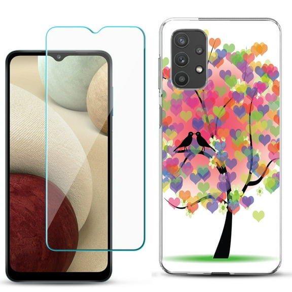 Slim-Fit TPU Phone Case compatible with Samsung Galaxy A32 5G, with Tempered Glass Screen Protector, by OneToughShield ® - Color Hearts Tree