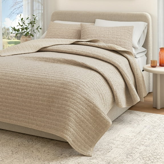 Honeycomb Waffle Garment Washed 3-Piece Cotton Quilt Set, Full/Queen, Cappuccino