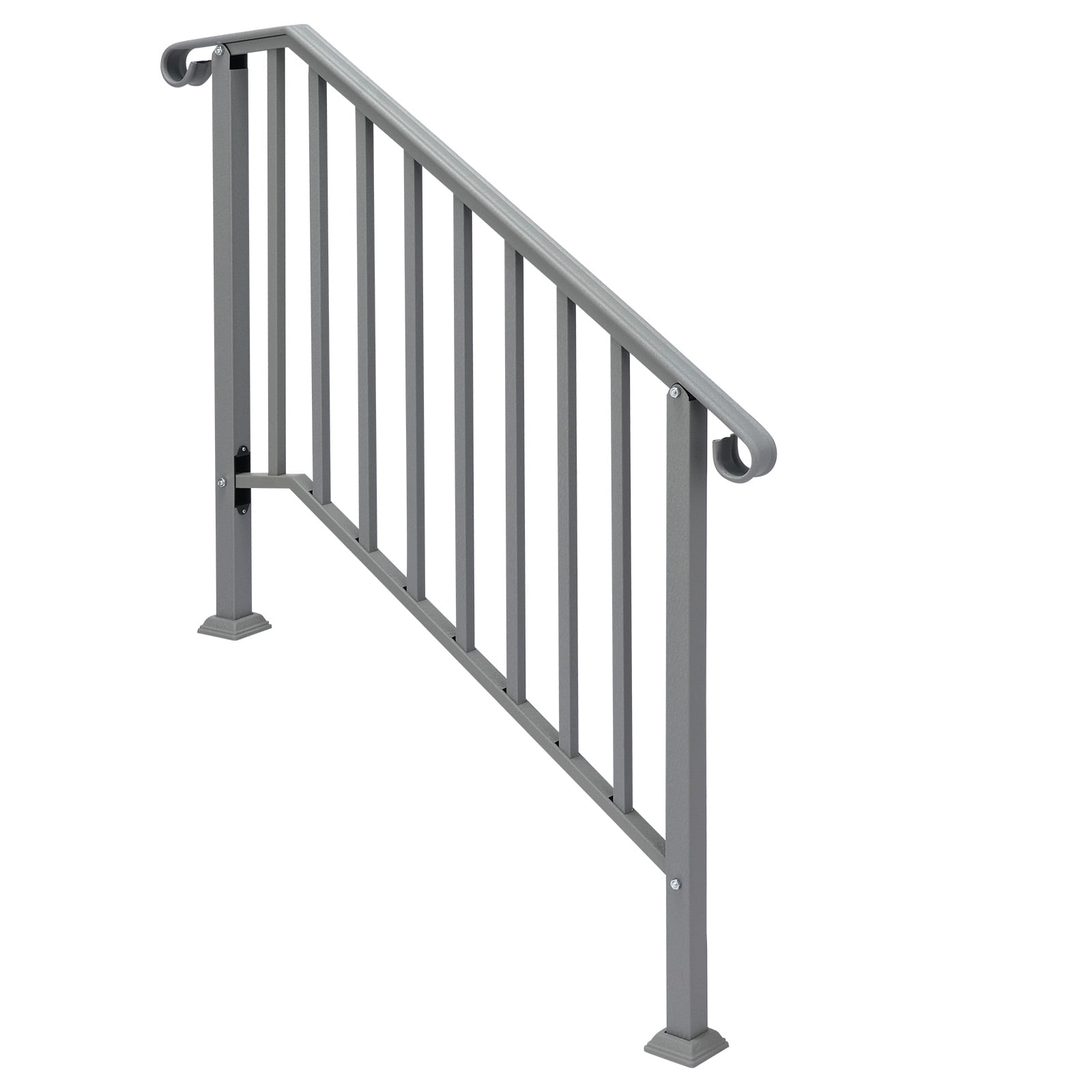 Silver Powder Coated Galvanized Iron Stair Handrail Curved Picket Step Railing Fit 3 Steps Outdoor Garden Anti-Rust Safety Rail With Installation Hardware