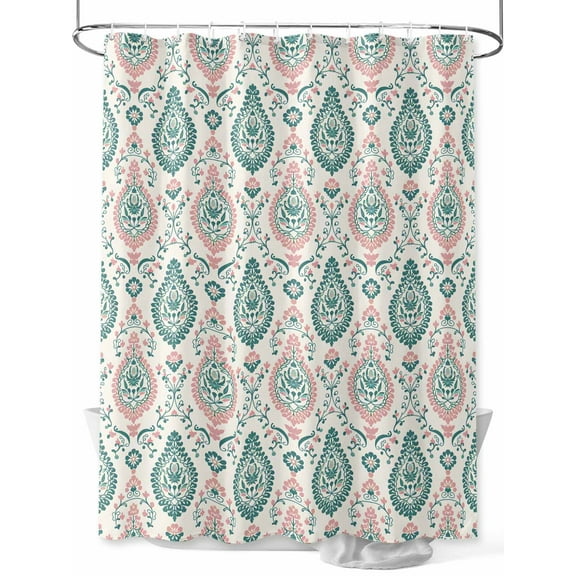 Fsddascl Green Pink Boho Shower Curtain Set - 36" x 78" Washable Bathtub Curtain with 12 Hooks, Ethnic Abstract Geometric Floral Pattern Waterproof Fabric Stall Shower Curtains for Bathroom/Bathtub