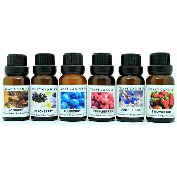 Crazy Candles 6 Bottles Set (Made in USA) 1 Bayberry, 1 BlackBerry, 1 Blueberry, 1 Cinnaberries, 1 Juniper Berry, 1 Strawberry 1/2 FL Oz Each (15ml) Premium Grade Scented Fragrance Oil