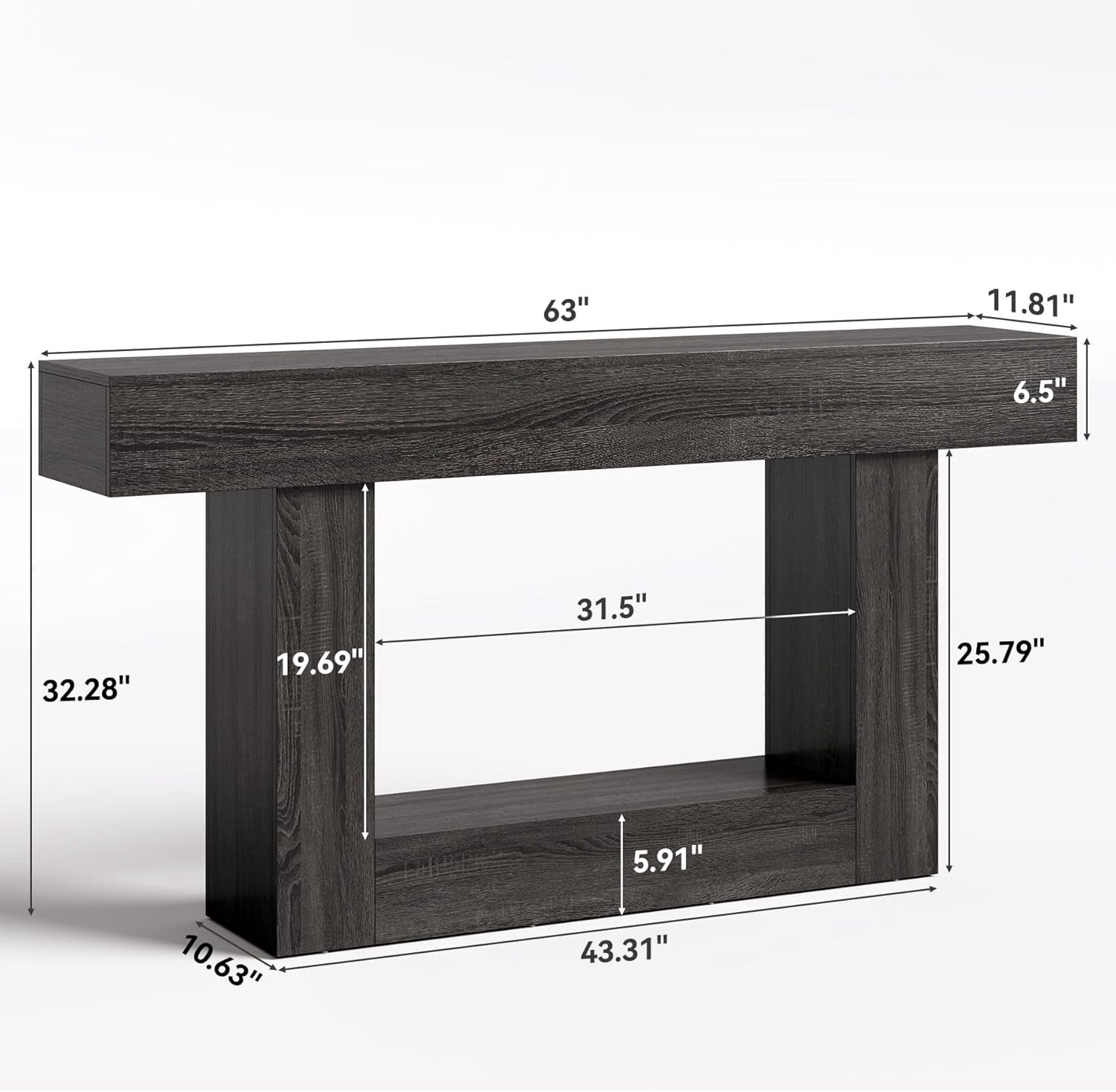 63 Inches Long 2-Tier Farmhouse Console Table, Heavy Duty Sofa Table Behind Couch, Large Narrow Wooden Entryway Table for Living Room, Hallway Foyer (Grey)