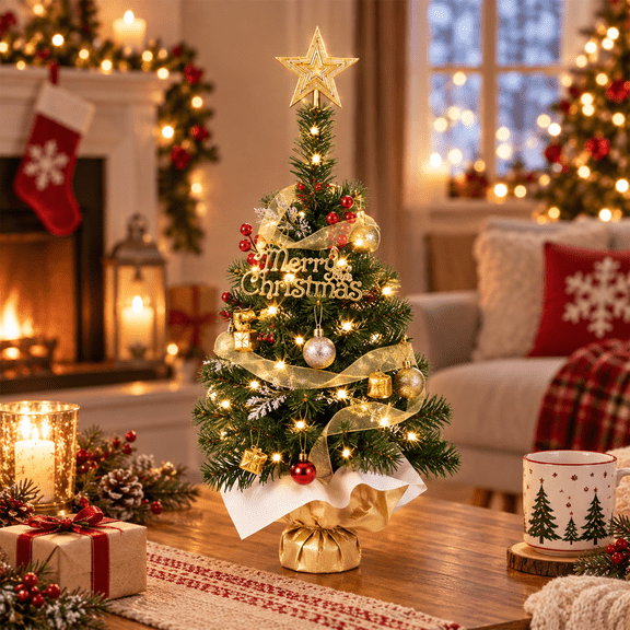 2 FT Mini Christmas tree, Lighted artificial Christmas tree with base, perfect for office desk decoration, Easy Assembly