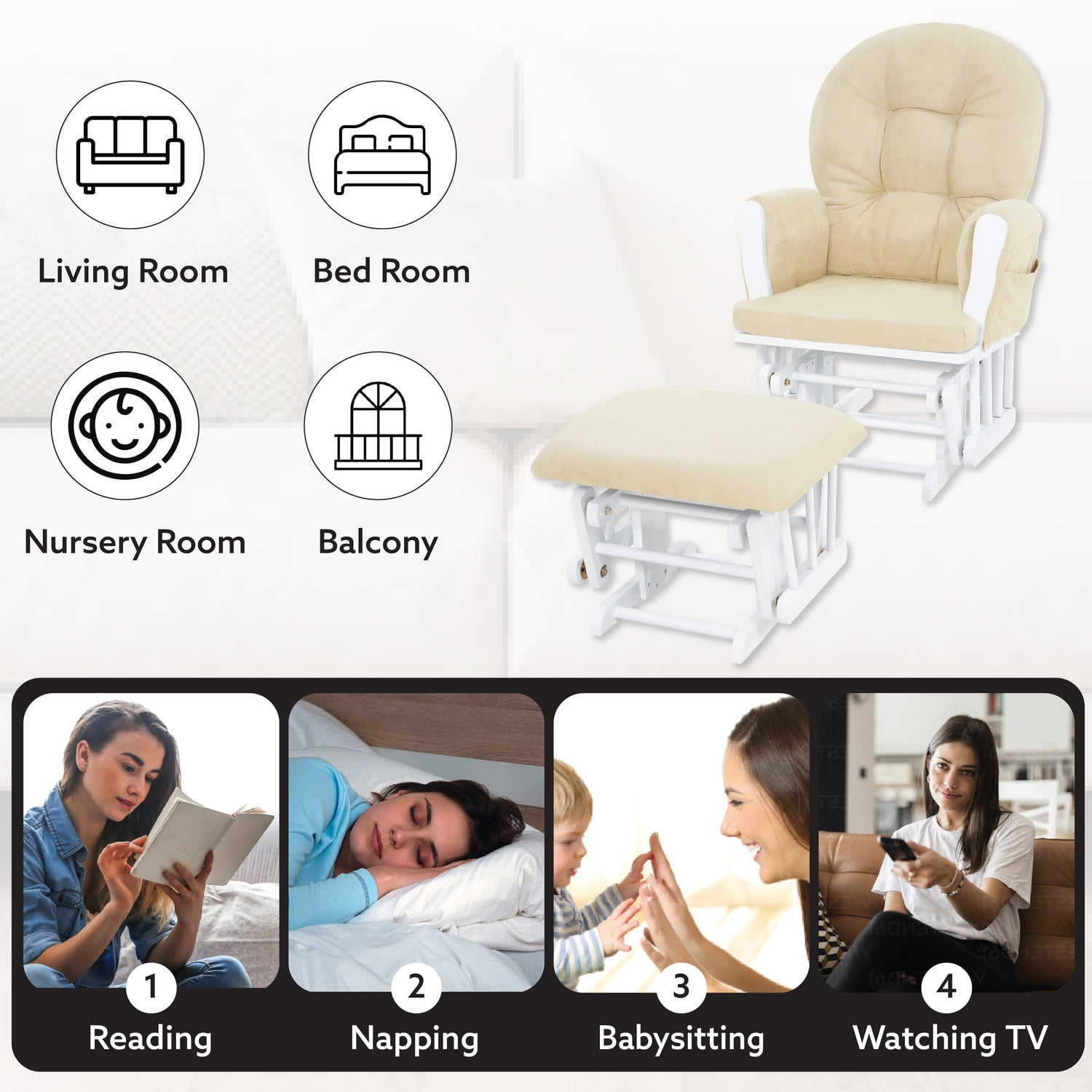 Brisbane Nursery Glider & Ottoman Set - Reclining Glider Rocker Chair for Breastfeeding, Maternity, & Comfort, White,Gray-Cushion Color:Cream,Finish:White